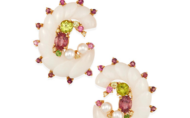 A PAIR OF 18K GOLD, WHITE AGATE AND GEM-SET CLIP...