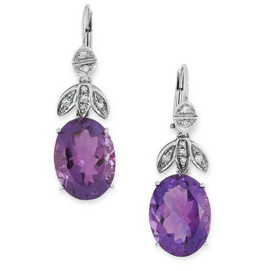 A PAIR OF AMETHYST AND DIAMOND EARRINGS in 18ct white