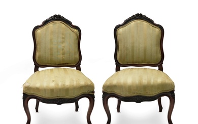 A PAIR OF ANTIQUE 19TH CENTURY FRENCH CARVED CHAIRS, upholst...