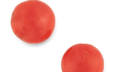A PAIR OF CORAL BEAD STUD EARRINGS each set with a