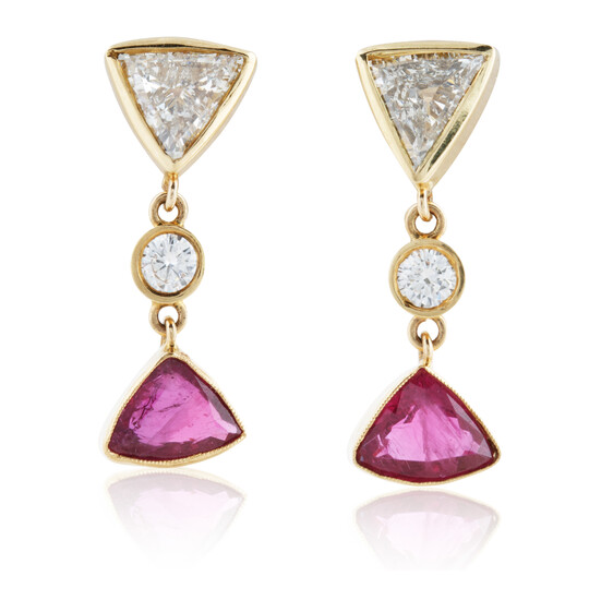 A PAIR OF DIAMOND, RUBY AND GOLD EARRINGS