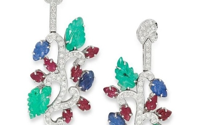 A PAIR OF EMERALD, SAPPHIRE, RUBY AND DIAMOND TUTTI