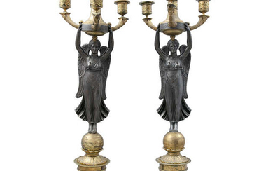 A PAIR OF FRENCH EMPIRE ORMOLU AND MARBLE...