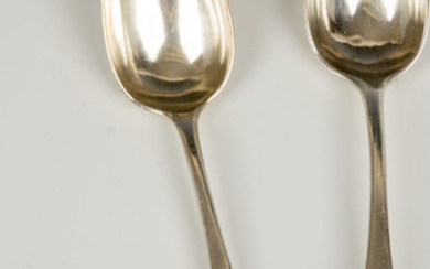 A PAIR OF LARGE SILVER SPOONS. Warsaw, 1879. Signed...