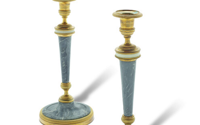A PAIR OF LATE LOUIS XVI ORMOLU, GREY AND WHITE MARBLE CANDLESTICKS