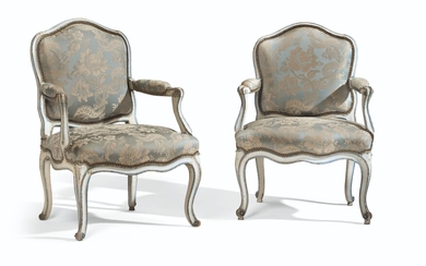 A PAIR OF LOUIS XV WHITE AND BLUE-PAINTED FAUTEUILS, BY NICOLAS HEURTAUT, CIRCA 1750