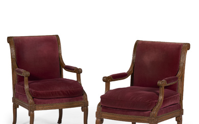 A PAIR OF LOUIS XVI BEECHWOOD FAUTEUILS ATTRIBUTED TO ADRIE...