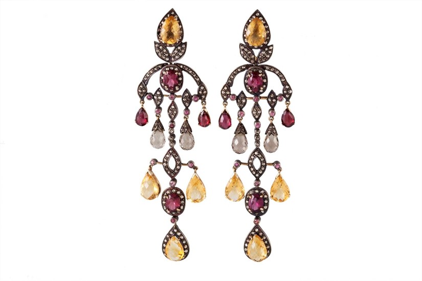 A PAIR OF PINK TOURMALINE, CITRINE AND DIAMOND DROP EARRINGS