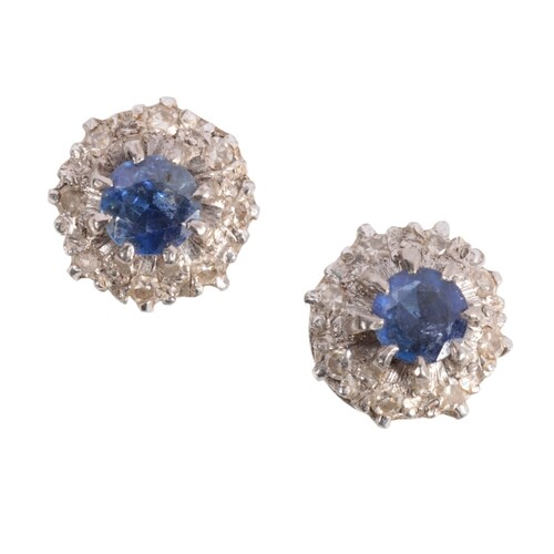 A PAIR OF SAPPHIRE AND DIAMOND CLUSTER EARRINGS each round-c...