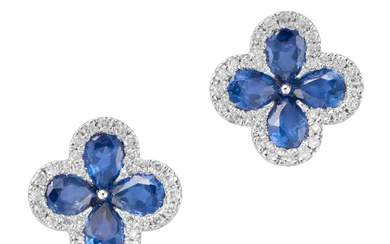 A PAIR OF SAPPHIRE AND DIAMOND FLOWER EARRINGS eac ...