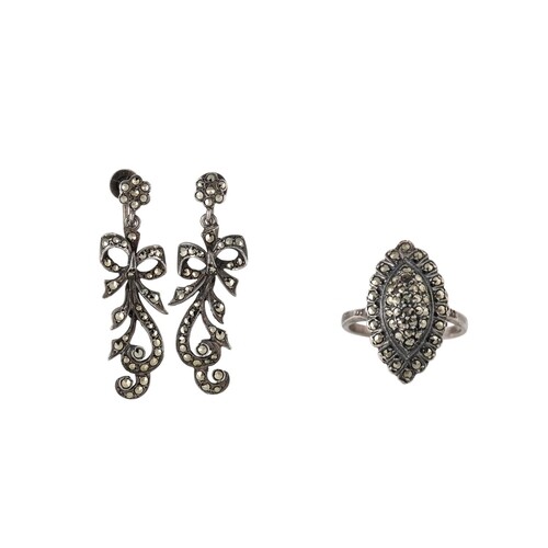A PAIR OF SILVER AND MARCASITE EARRINGS, together with a sil...