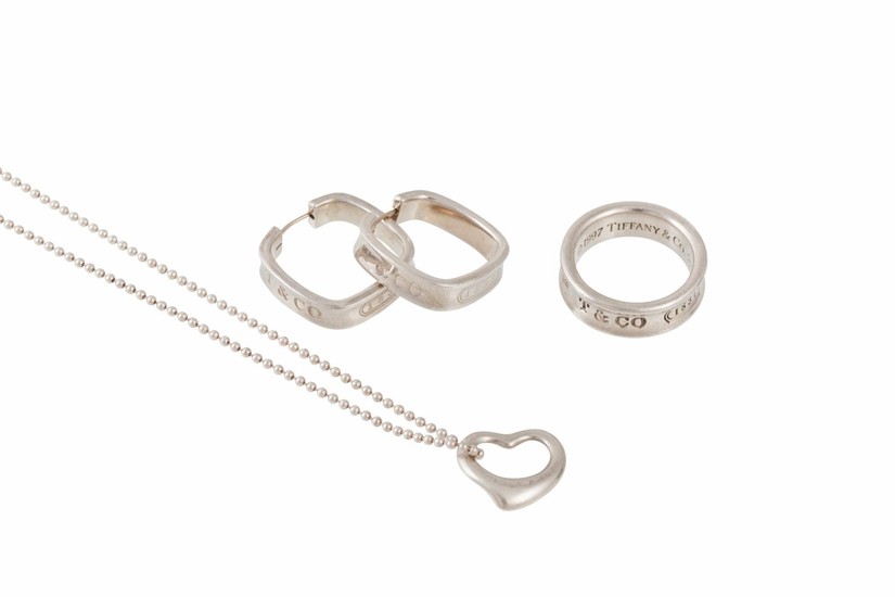 A PAIR OF SILVER HOOP EARRINGS, a silver ring and a silver h...