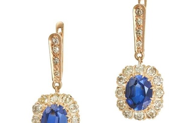 A PAIR OF SYNTHETIC SAPPHIRE AND DIAMOND DROP EARRINGS in yellow gold, each set with a row of single