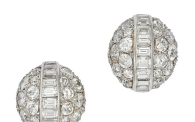 A PAIR OF VINTAGE DIAMOND BOMBE EARRINGS in white gold, set with old mine cut, old European cut a...