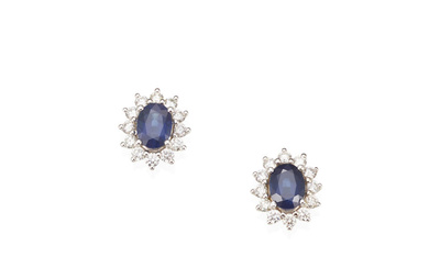 A PAIR OF WHITE GOLD, SAPPHIRE AND DIAMOND EARRINGS