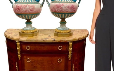 A Pair Of Large 19th C. Sevres Hand Painted Figural Porcelain Vases/Urns