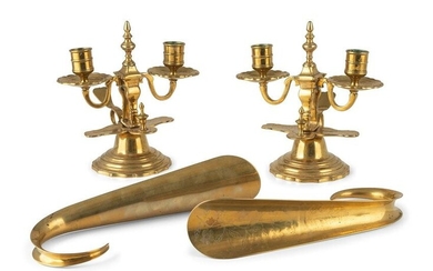 A Pair of Brass Two-Light Candelabra, a Pair of Shoe