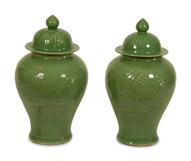 A Pair of Celadon Glazed Covered Jars