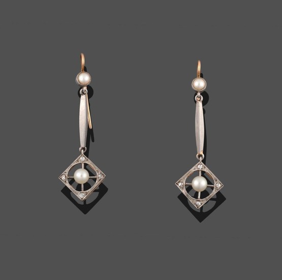 A Pair of Cultured Pearl and Diamond Drop Earrings, a...