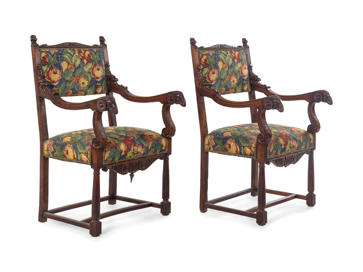 A Pair of Empire Style Carved Walnut Fauteuils
