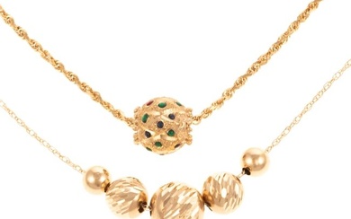 A Pair of Gold Ball Pendant Necklaces in 14K