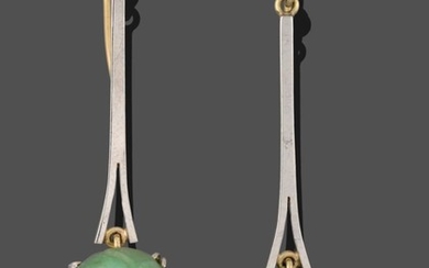 A Pair of Jade and Cultured Pearl Drop Earrings, an...
