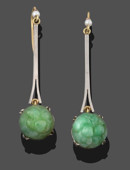 A Pair of Jade and Cultured Pearl Drop Earrings, an...