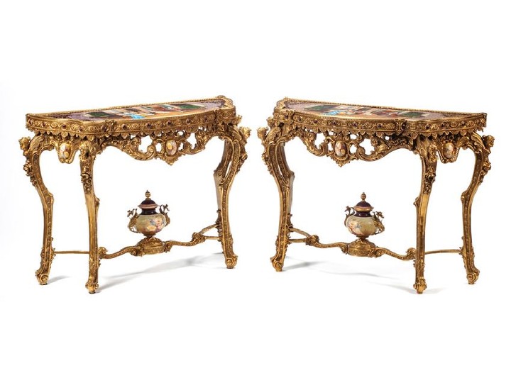 A Pair of Louis XV Style Porcelain Mounted Gilt Bronze Console Tables