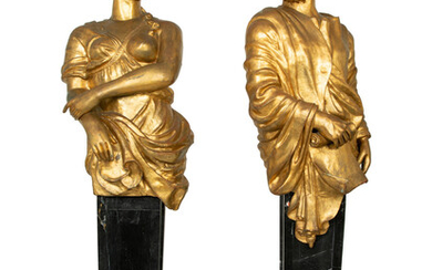 A Pair of Monumental Gilt Metal Figures on Marble Pedestals