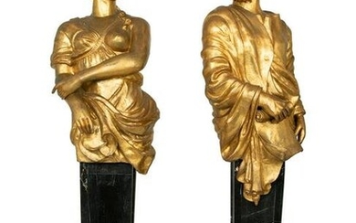 A Pair of Monumental Gilt Metal Figures on Marble