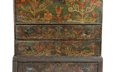 A RARE GEORGE II CHANNEL ISLANDS POLYCHROME PAINTED PINE CHEST ON STAND