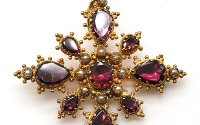 A Regency foiled garnet and split pearl brooch/pendant
