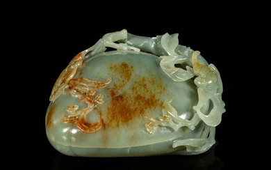 A Russet and Celadon Jade 'Peach and Bat' Covered Box