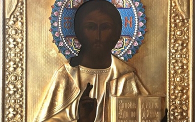 A Russian Icon of Christ Pantocrator with Gilt-Silver and Cloisonne Enameled Oklad by Grigory Sbitnev.