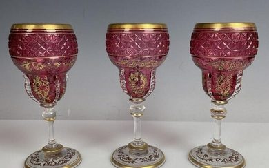 A SET OF 3 ENAMELLED AND GILT MOSER WINE GLASSES