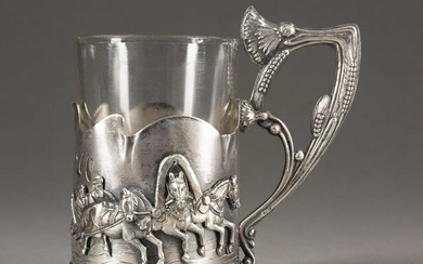 A SILVER TEAGLASS HOLDER WITH TROIKA Russian, Moscow, 19