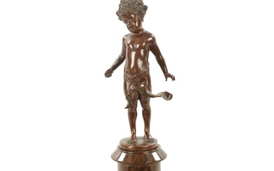 A SMALL 19TH CENTURY BROWN PATINATED BRONZE OF A BOY depicte...