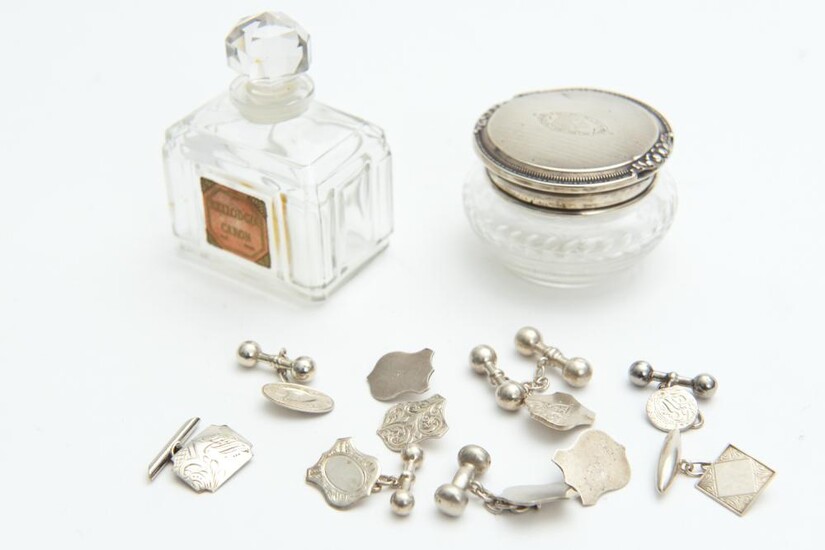 A STERLING SILVER TOPPED JAR, FRENCH CRYSTAL PERFUME BOTTLE AND NINE STERLING SILVER CUFFLINKS, LEONARD JOEL LOCAL DELIVERY SIZE: SMALL