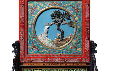 A SUPERB IMPERIAL CLOISONNÉ ENAMEL, LACQUER AND ZITAN EMBELLISHED DOUBLE-SIDED SCREEN AND STAND