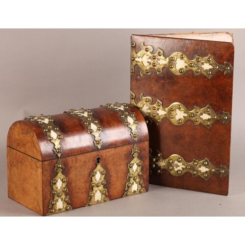 A VICTORIAN FIGURED WALNUT DOME TOP STATIONERY BOX, with ivo...