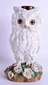 A VICTORIAN OWL PORCELAIN OIL LAMP BASE encrusted with