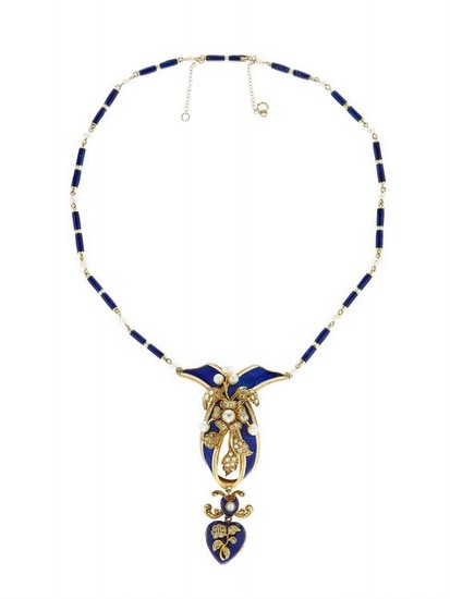 A Victorian blue enamel, diamond and pearl necklace