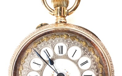 A Victorian ladies 14k gold fob watch, the ornate enamel dial with Roman numerals denoting hour