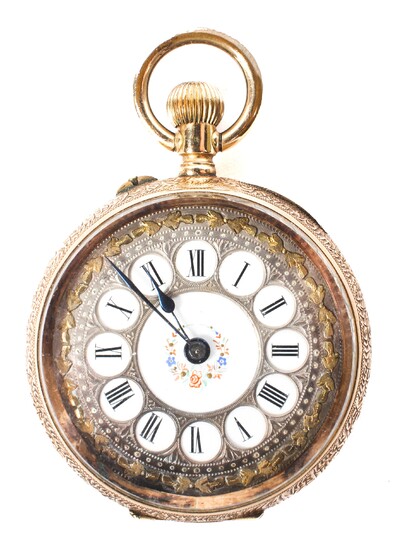 A Victorian ladies 14k gold fob watch, the ornate enamel dial with Roman numerals denoting hour