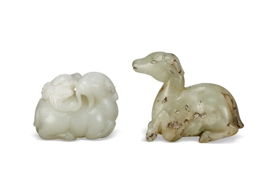 A WHITE JADE CARVING OF A RAM AND A GREENISH-BEIGE JADE CARVING OF A GOAT CHINA