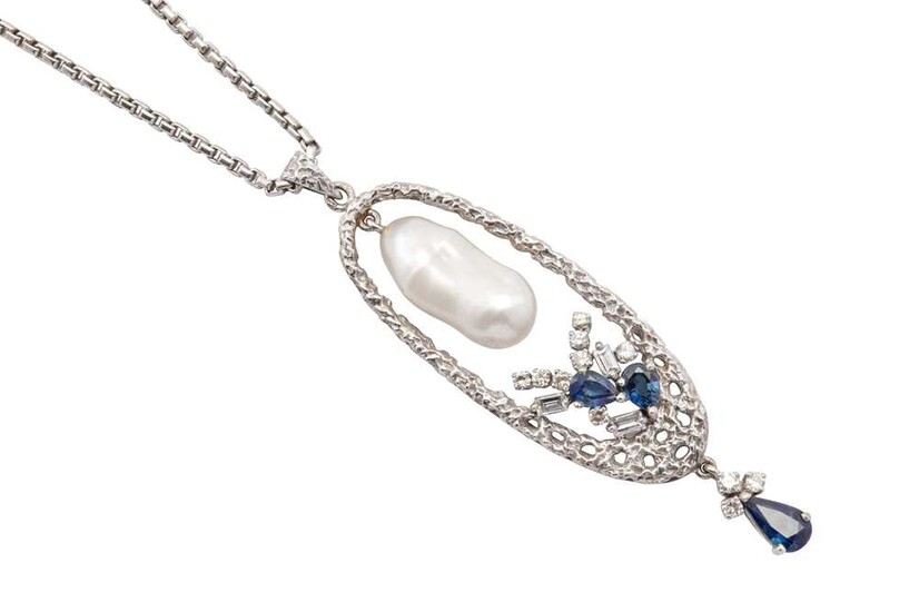 A baroque pearl, sapphire and diamond pendant necklace