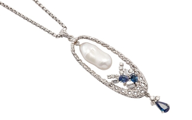 A baroque pearl, sapphire and diamond pendant necklace