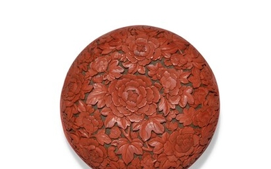 A carved cinnabar lacquer 'peony' box and cover, Qing dynasty, 18th century | 清十八世紀 剔紅牡丹紋圓蓋盒, A carved cinnabar lacquer 'peony' box and cover, Qing dynasty, 18th century | 清十八世紀 剔紅牡丹紋圓蓋盒
