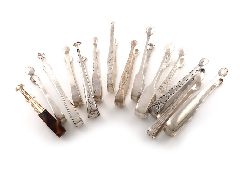 λA collection of thirteen pairs of silver sugar tongs