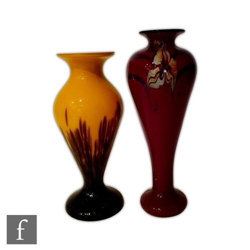 A contemporary Richard Satava studio glass vase of slender b...